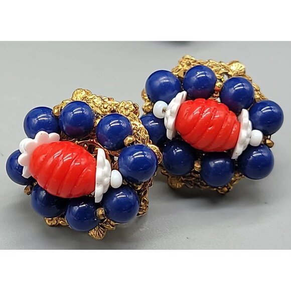 Miriam Haskell Patriotic Bead Cluster Clip On Earrings Rare Vintage Signed Pat # - Picture 11 of 12
